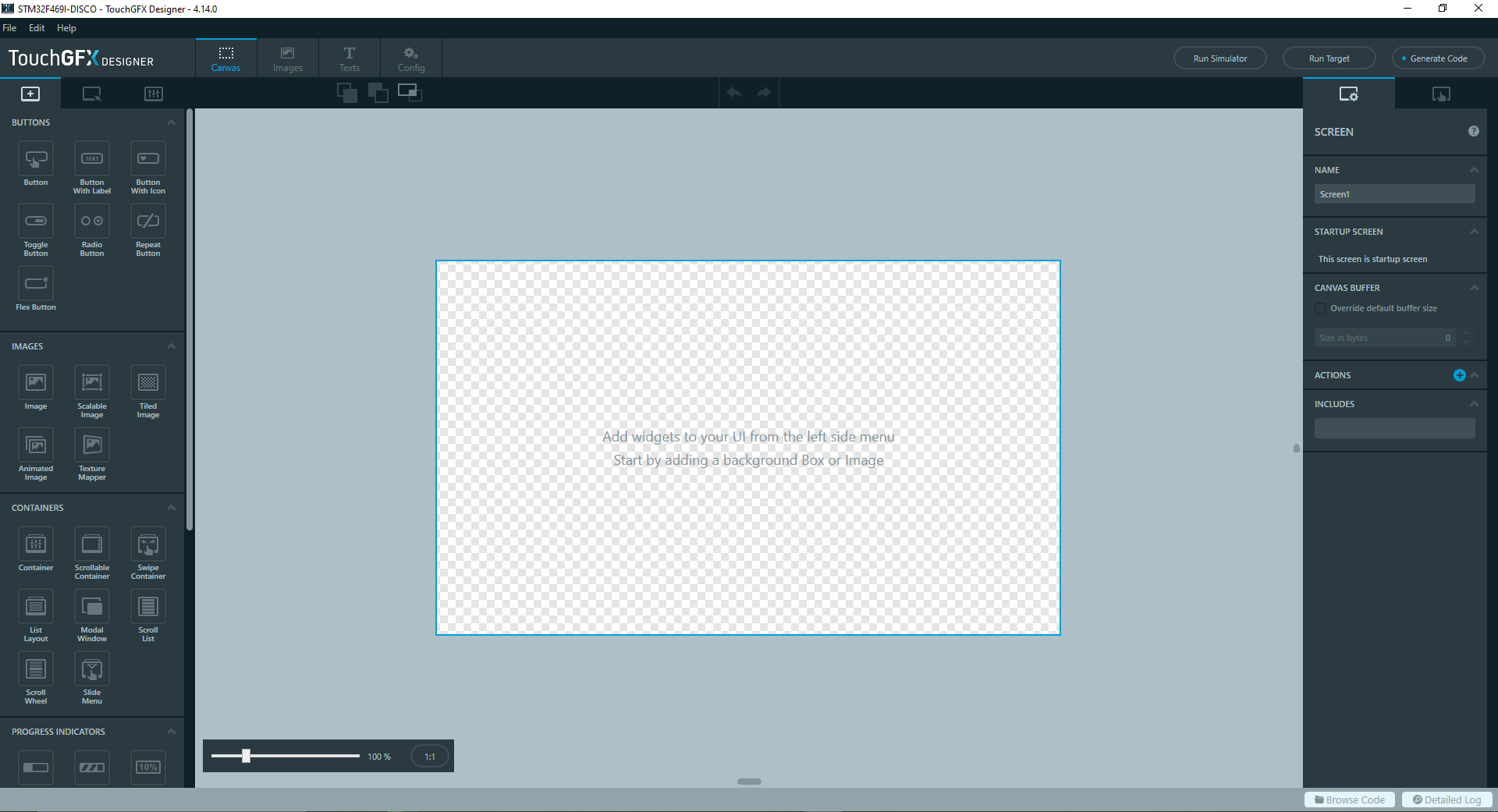 Screenshot of the main TouchGFX designer user interface
