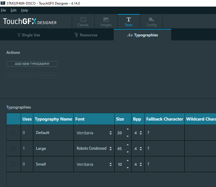 A screenshot of the Typographies tab