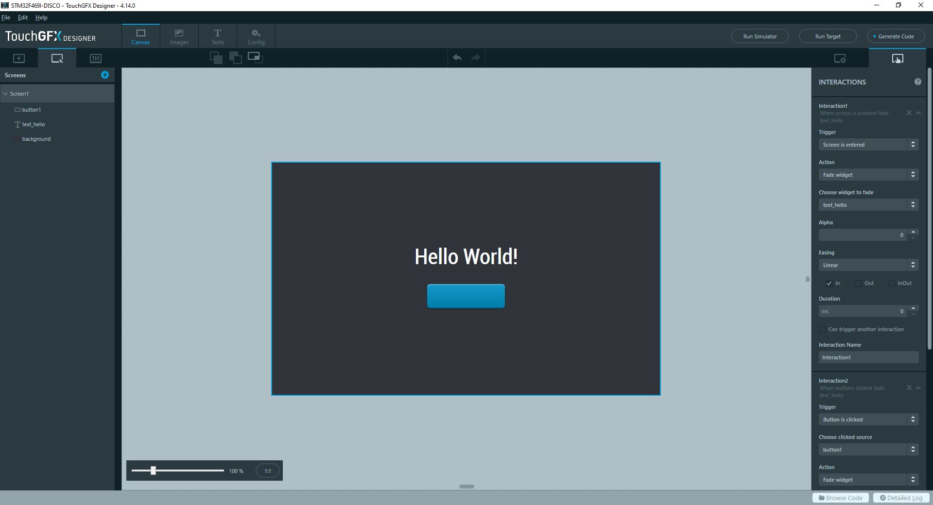 Screenshot of the Interactions menu of the TouchGFX designer