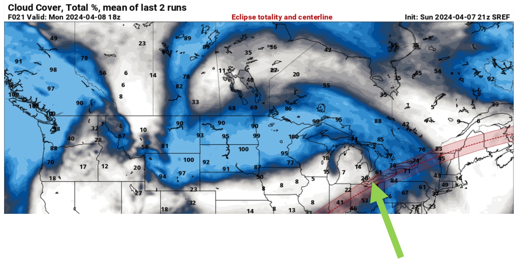 A weather map showing cloud cover on the day of the eclipse. Heavy cloud cover is present over the entire path through Ontario, except for Essex County, near Windsor.