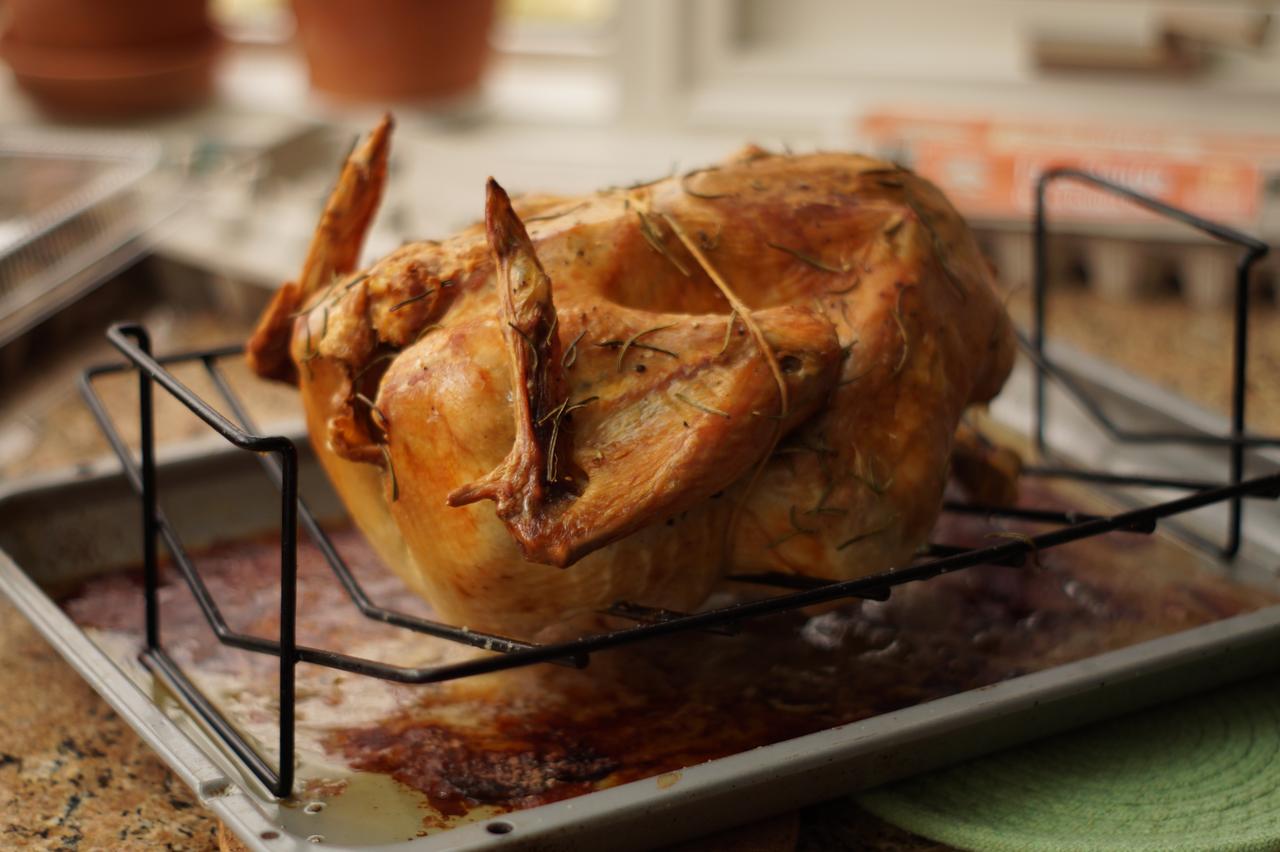 A roasted turkey cooling on an oven rack.