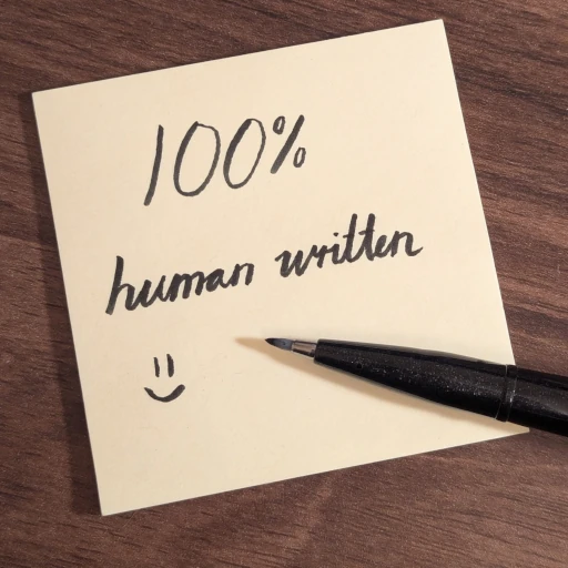 A yellow sticky note with the words '100% human written' handwritten in black ink. A brush pen rests on the sticky note. The note and pen rest on a dark wooden desk.