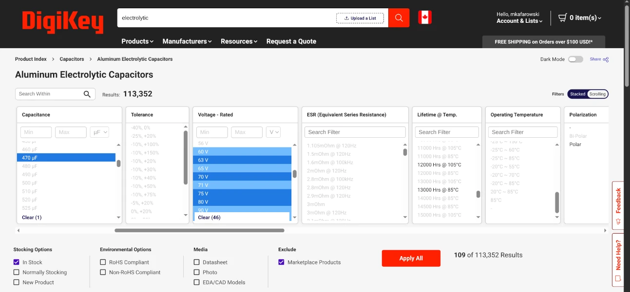 The interface of the website Digikey, with parametric search options highlighted.