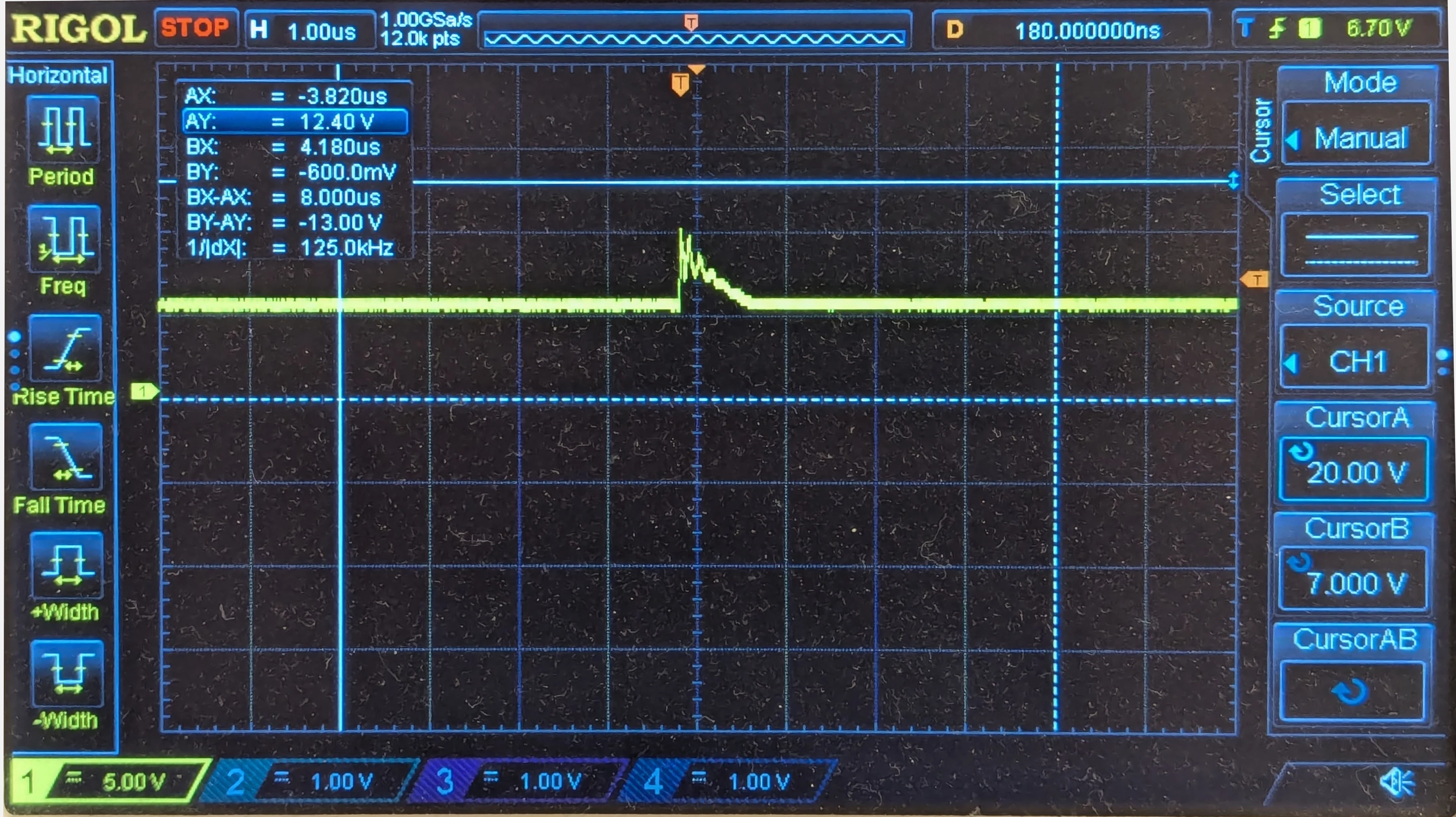 A trace on an oscilloscope showing a peak of voltage that then decays to a constant voltage around 5V